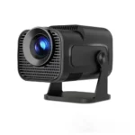 HY320 Mini Original Android Projector in matte black showcasing its compact rectangular frame layout integrated 180 degree rotatable desk stand base and large optical lens element