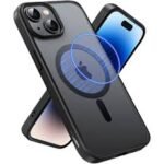 UGREEN 25400 LP748 magnetic protective case for iPhone 15 showcasing its frosted translucent back panel, premium black bumper frame, and integrated MagSafe ring