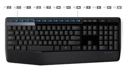 Logitech MK345 Wireless keyboard and mouse desktop combo pack with full size black membrane keys layout integrated textured palm rest dedicated audio media shortcuts 1000 dpi optical mouse tracking sensor and single usb nano dongle receiver setup