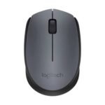 Logitech M170 wireless optical mouse in a sleek matte black finish showcasing its compact symmetrical body profile and the small plug-and-forget USB nano receiver layout