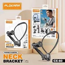 images Black Plokama CX-60 2-in-1 neck mount for action cameras and smartphones showing its curved flexible silicone neckband and attached mobile phone adapter clip