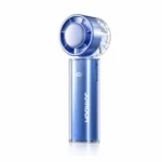 Joyroom JR-CY737 Ice Crystal Handheld Fan Cooling for Neck Face and Wrists unit showing its compact metallic blue cylindrical handle design and upper turbine fan ring with a central silver cooling pad