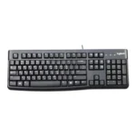 Logitech K120 USB wired full sized keyboard in a matte black finish displaying its English and Bangla script layout with adjustable tilt legs on a white background