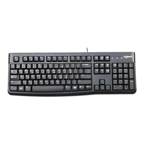 Logitech K120 USB wired full sized keyboard in a matte black finish displaying its English and Bangla script layout with adjustable tilt legs on a white background