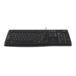 Logitech K120 USB wired full sized keyboard in a matte black finish displaying its English and Bangla script layout with adjustable tilt legs on a white background