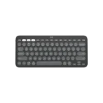 Logitech K380S Pebble Keys 2 slim minimalist Bluetooth wireless keyboard in a premium matte finish showcasing its compact layout with round scooped keys and three colored Easy-Switch device pairing buttons layout