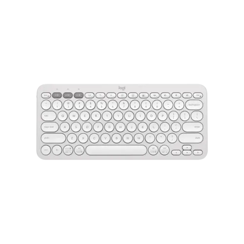 Logitech K380S Pebble Keys 2 slim minimalist Bluetooth wireless keyboard in a premium matte finish showcasing its compact layout with round scooped keys and three colored Easy-Switch device pairing buttons layout