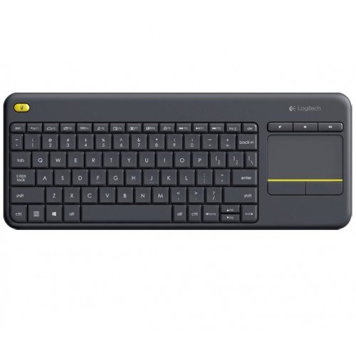 Logitech K400 Plus all-in-one wireless HTPC media keyboard in a premium matte dark grey finish showcasing an integrated 3.5-inch multi-touch pad with yellow accents on its media shortcut keys and left click button