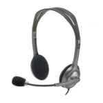Logitech H110 stereo computer headset in a dark grey finish showing its adjustable headband design, soft foam ear cups, and rotating microphone boom arm alongside its color coded dual 3.5mm audio input jacks