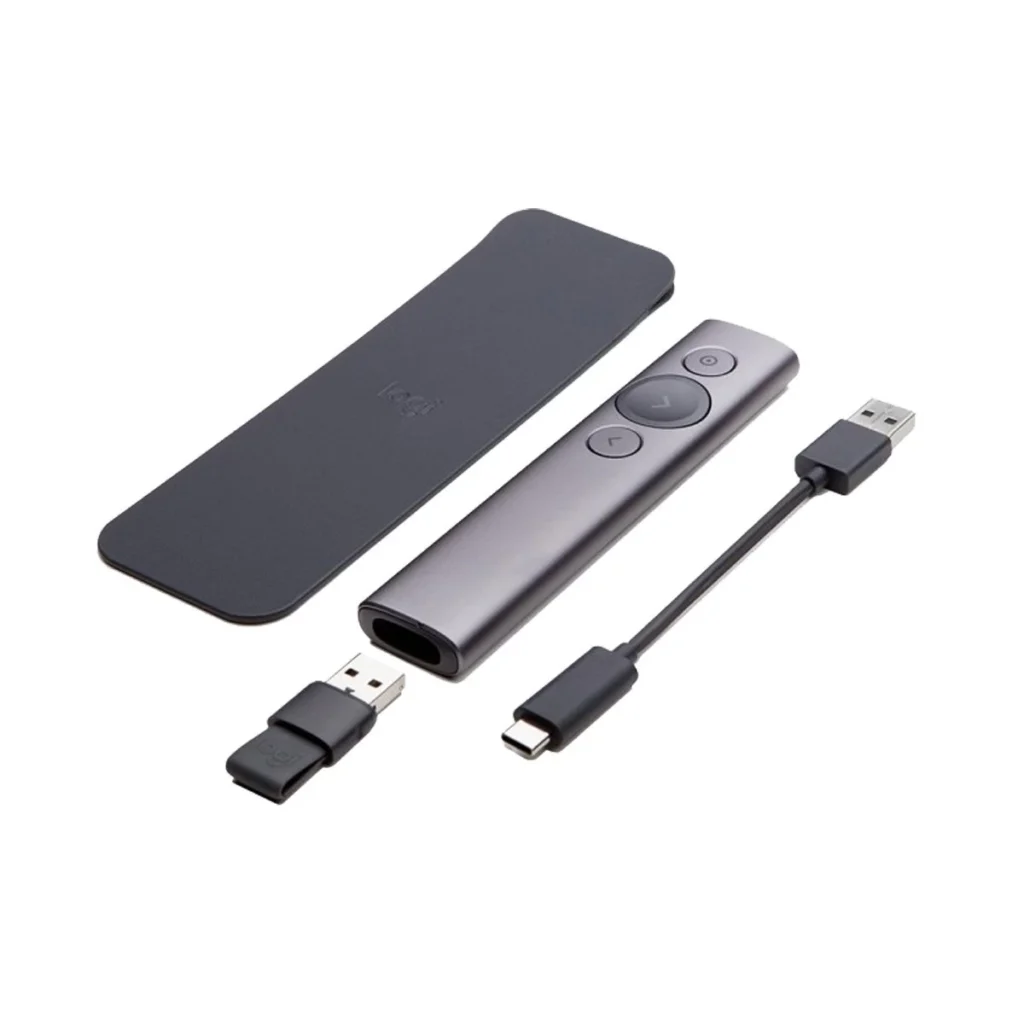 Logitech Spotlight advanced wireless presenter showing its modern minimalist anodized slate gray aluminum casing three rounded control buttons alongside its storable mini USB receiver dongle and USB-C charging cable