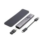 Logitech Spotlight advanced wireless presenter showing its modern minimalist anodized slate gray aluminum casing three rounded control buttons alongside its storable mini USB receiver dongle and USB-C charging cable