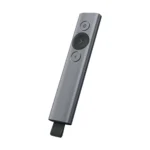Logitech Spotlight advanced wireless presenter showing its modern minimalist anodized slate gray aluminum casing three rounded control buttons alongside its storable mini USB receiver dongle and USB-C charging cable