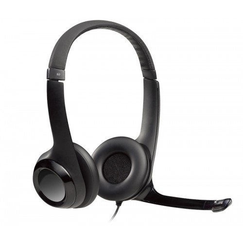 logitech-h390-500x500 Logitech H390 USB computer headset in a smooth dark grey finish showing its plush padded leatherette headband design, cushioned ear cups, adjustable microphone boom arm, and integrated inline control module lines