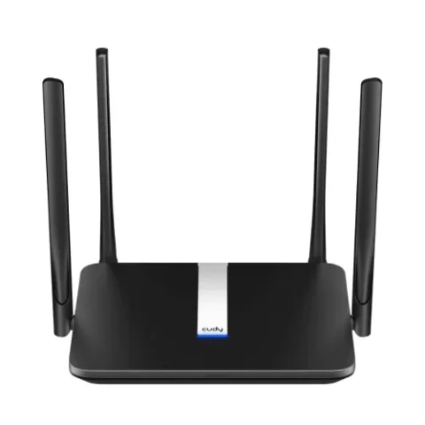 Cudy LT500 4G LTE AC1200 Dual-Band Wi-Fi router in sleek black finish showing four external high-gain antennas, SIM card slot, and Ethernet port layout