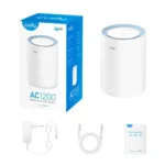 Cudy M1200 AC1200 Whole Home Mesh Wi-Fi Router single pack unit in white cylindrical tower format displaying physical ports and power input jack on its back panel