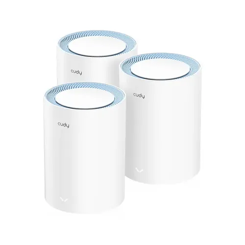 Cudy M1200 AC1200 Whole Home Mesh Wi-Fi Router three pack kit displaying all three matching white cylindrical towers standing upright side by side against a clean backdrop