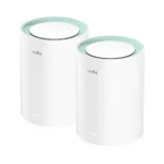 Cudy M1300 AC1200 Dual Band Gigabit Mesh Router 2 Pack showing two white cylindrical mesh nodes with gigabit ports