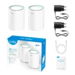 Cudy M1300 AC1200 Dual Band Gigabit Mesh Router 2 Pack showing two white cylindrical mesh nodes with gigabit ports