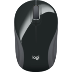 Logitech M187 ultra portable wireless mouse in a compact mini pocket sized body layout showing its symmetrical lines beside the tiny USB nano receiver texturing