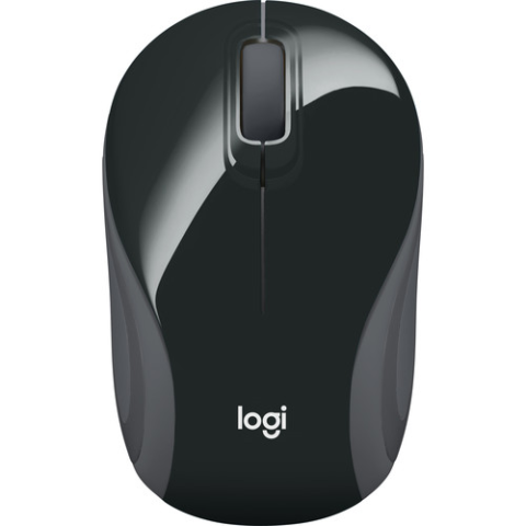Logitech M187 ultra portable wireless mouse in a compact mini pocket sized body layout showing its symmetrical lines beside the tiny USB nano receiver texturing