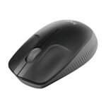 Logitech M190 full size wireless mouse in matte black showing its contoured ambidextrous body design with scooped finger buttons and compact USB nano receiver layout