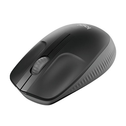 m190-grey-500x500 Logitech M190 full size wireless mouse in matte black showing its contoured ambidextrous body design with scooped finger buttons and compact USB nano receiver layout