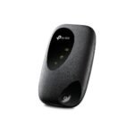 Black TP-Link M7000 150Mbps 4G LTE Mobile Wi-Fi Router showing its compact pocket sized body front LED status icons power button and smooth matte finish