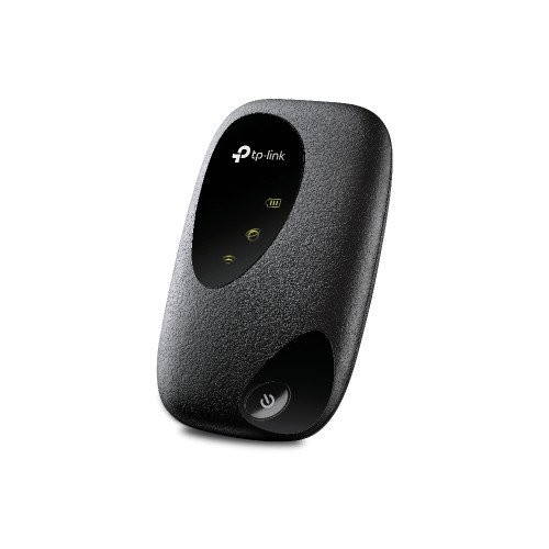 Black TP-Link M7000 150Mbps 4G LTE Mobile Wi-Fi Router showing its compact pocket sized body front LED status icons power button and smooth matte finish