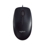 Logitech M90 wired USB optical mouse in a classic dark grey color scheme displaying its symmetrical ambidextrous design and precise scroll wheel layout