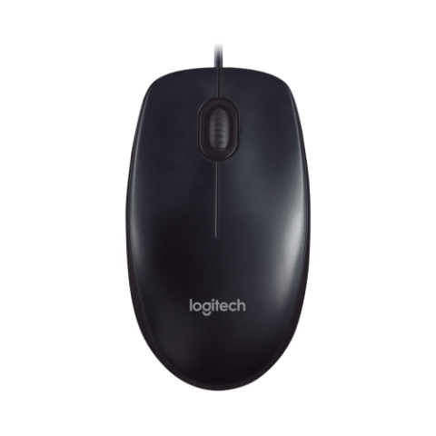 Logitech M90 wired USB optical mouse in a classic dark grey color scheme displaying its symmetrical ambidextrous design and precise scroll wheel layout