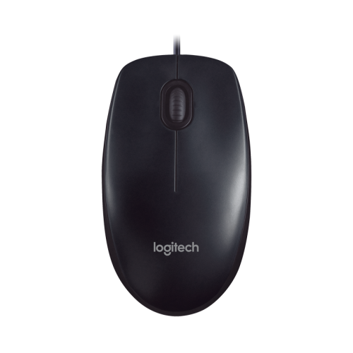 Logitech M90 wired USB optical mouse in a classic dark grey color scheme displaying its symmetrical ambidextrous design and precise scroll wheel layout