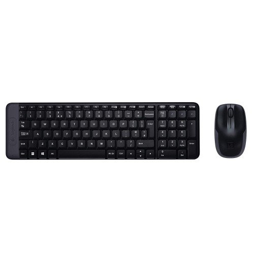 Logitech MK215 Combo wireless compact desktop keyboard featuring a narrow bezel frame layout alongside a matching contoured optical tracking mouse