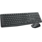 Logitech MK235 Combo premium wireless full size charcoal membrane desktop keyboard with flat key profile spill resistant casing logic along with its symmetrical compact wireless optical tracking mouse set