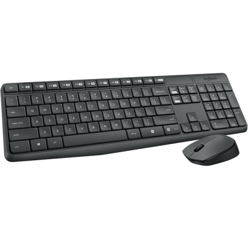 Logitech MK235 Combo premium wireless full size charcoal membrane desktop keyboard with flat key profile spill resistant casing logic along with its symmetrical compact wireless optical tracking mouse set
