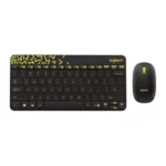 Logitech MK240 Nano space saving black mini wireless keyboard featuring distinctive yellow chartreuse geometric patterns on its top edge paired with a matching compact optical tracking mouse