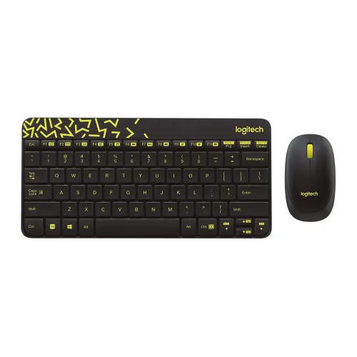 Logitech MK240 Nano space saving black mini wireless keyboard featuring distinctive yellow chartreuse geometric patterns on its top edge paired with a matching compact optical tracking mouse