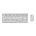 Logitech MK250 Compact wireless off white bluetooth membrane keyboard with narrow frame and full numpad paired with a matching optical mouse