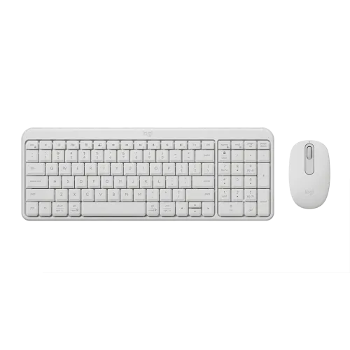 Logitech MK250 Compact wireless off white bluetooth membrane keyboard with narrow frame and full numpad paired with a matching optical mouse
