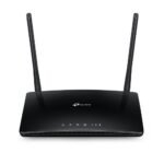 TP-Link TL-MR6400 300Mbps 4G LTE Router Price in BD - Sleek black desktop 4G SIM Wi-Fi router featuring dual detachable external antennas and LED status lights.