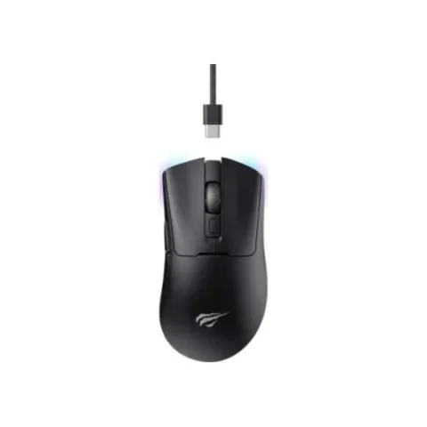 Havit MS966WB Quad-Mode Wireless Mouse Price in BD - Top view of Havit MS966WB quad-mode wireless mouse with USB receiver and charging cable