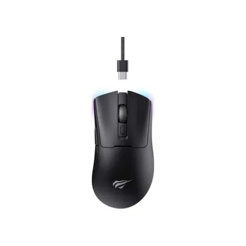 Havit MS966WB Quad-Mode Wireless Mouse Price in BD - Top view of Havit MS966WB quad-mode wireless mouse with USB receiver and charging cable