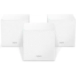 Three white cube Tenda Nova MW12 AC2100 Tri-band Mesh Router nodes displaying their compact modern design single front LED status indicator and rear triple Gigabit ethernet ports