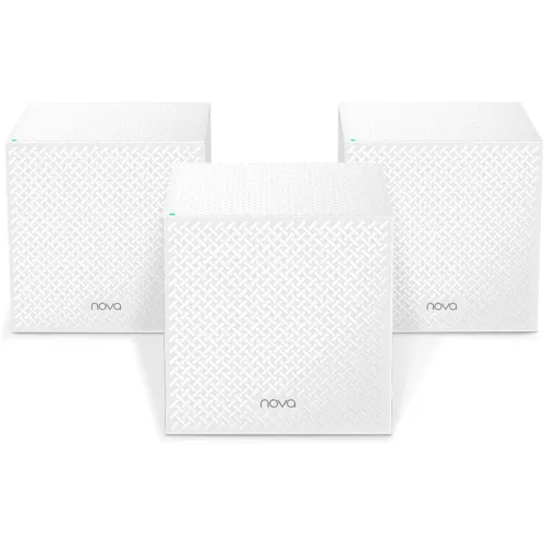 mw12-3-pack-500x500 Three white cube Tenda Nova MW12 AC2100 Tri-band Mesh Router nodes displaying their compact modern design single front LED status indicator and rear triple Gigabit ethernet ports
