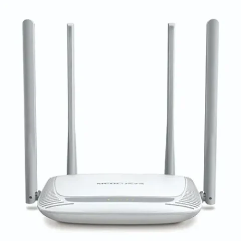 White Mercusys MW325R 300Mbps Wifi Router showing its compact rectangular body layout with distinct top ventilation grooves array four tall adjustable high gain external antennas and rear ethernet connection ports layout