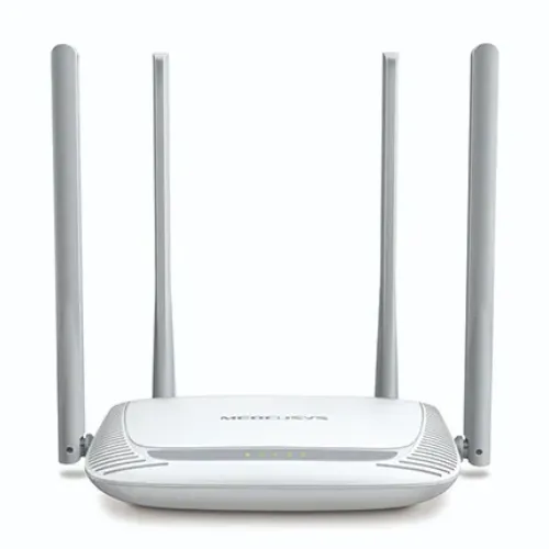 White Mercusys MW325R 300Mbps Wifi Router showing its compact rectangular body layout with distinct top ventilation grooves array four tall adjustable high gain external antennas and rear ethernet connection ports layout