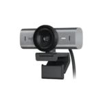 Logitech MX Brio 4K Ultra HD webcam highlighting its solid metallic gray aluminum chassis casing central circular lens ring hardware and versatile screen mounting clip stand lines