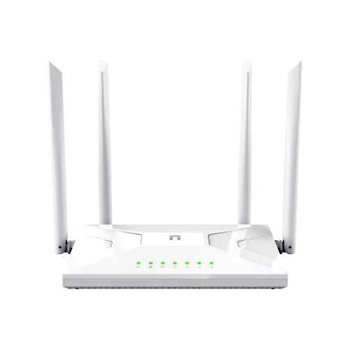 Netis NC21 AC1200 Dual-Band Wi-Fi Router in black design featuring external high-gain antennas and ethernet ports