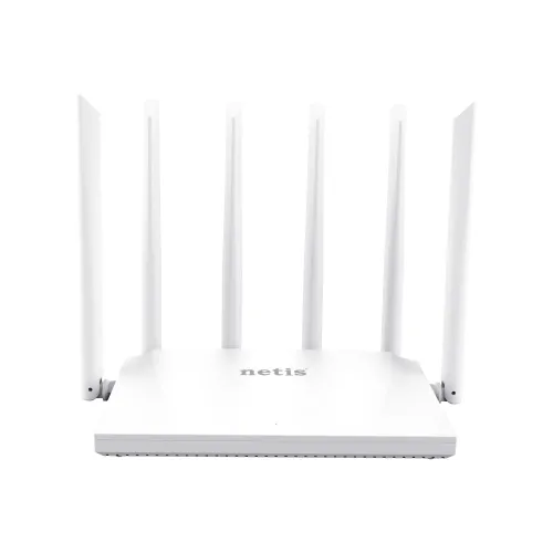Netis NC63 AC1200 Dual-Band Gigabit Wi-Fi Router in black design featuring external high-gain antennas and gigabit ethernet ports