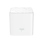 Compact white cube Tenda Nova MW3 AC1200 Dual Band Mesh Router node displaying its minimalist body layout textured top face single front green status LED indicator light and rear ethernet and power ports