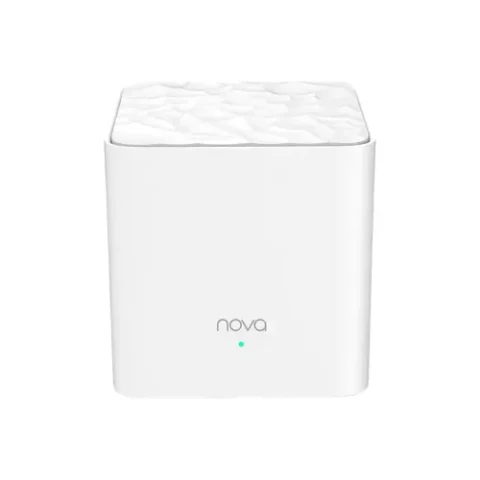 Compact white cube Tenda Nova MW3 AC1200 Dual Band Mesh Router node displaying its minimalist body layout textured top face single front green status LED indicator light and rear ethernet and power ports